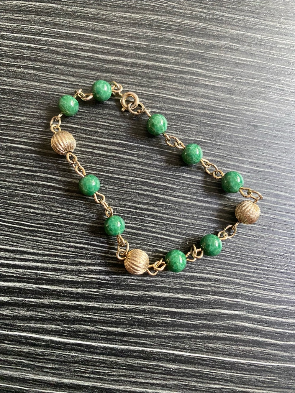 Green Bead and Gold Link  gold filled with natural stone Bracelet